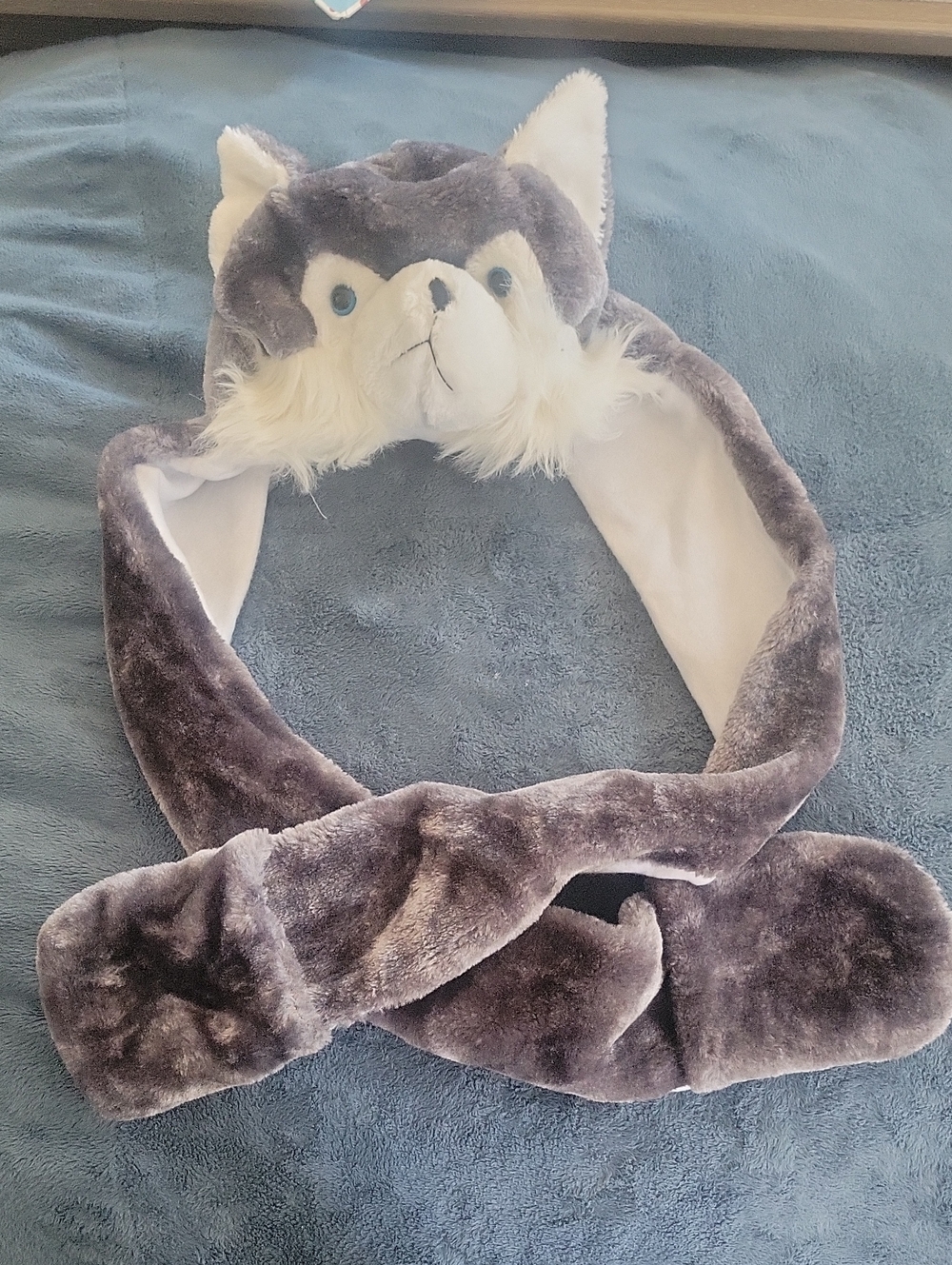 Plush Furry Animal (Wolf) Hood Scarf With Mittens Paws - Gray and White